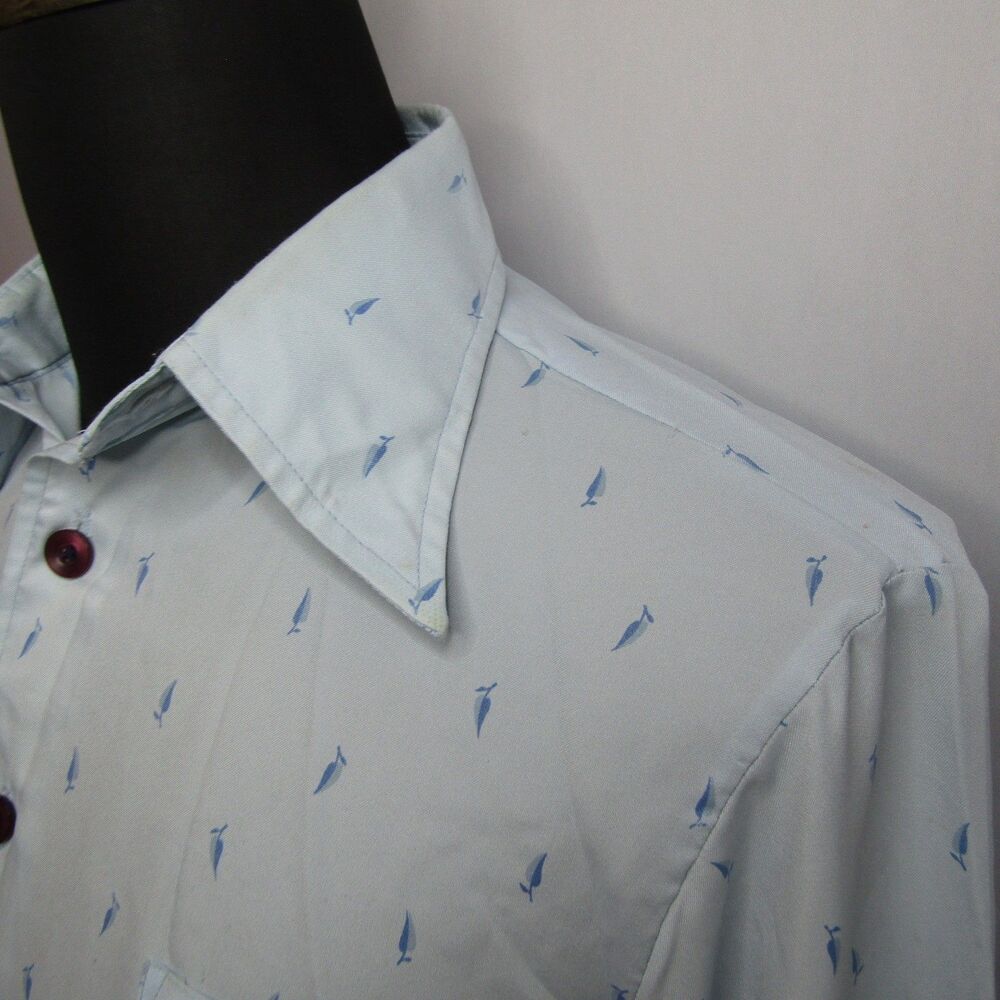Vintage 70s McGregor Men's L Light Blue Sailboat Print Long Sleeve Disco Shirt